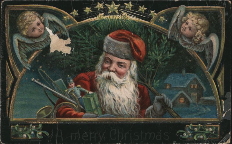 Santa Claus with Angels & Christmas Tree, Winter Scene