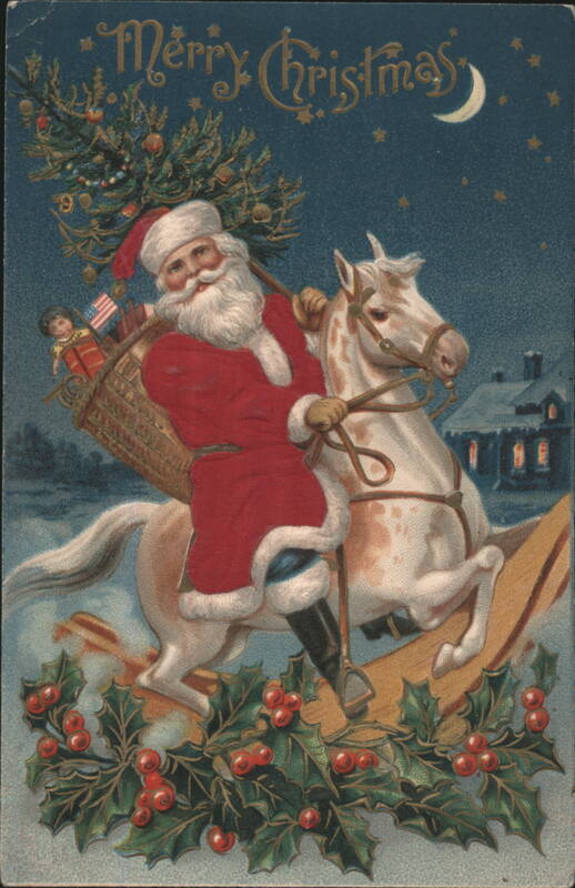 Santa Claus on a White Horse with Christmas Tree and Toys