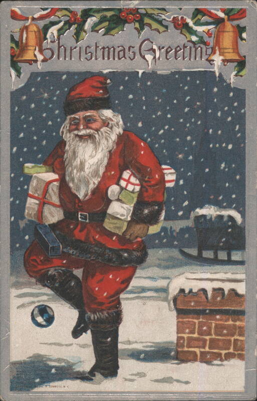 Santa Claus Delivering Gifts in Snow Christmas Greeting