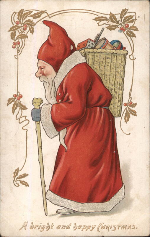 Santa Claus with Toy Basket and Walking Stick, Holly Frame