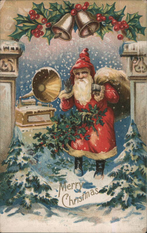 Merry Christmas Santa Claus with Gramophone and Holly Arch