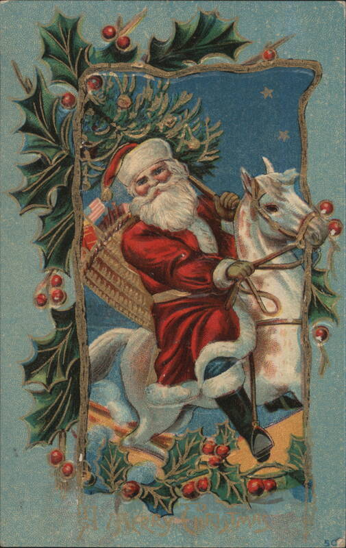 Santa Claus on White Horse with Gifts, Holly Frame
