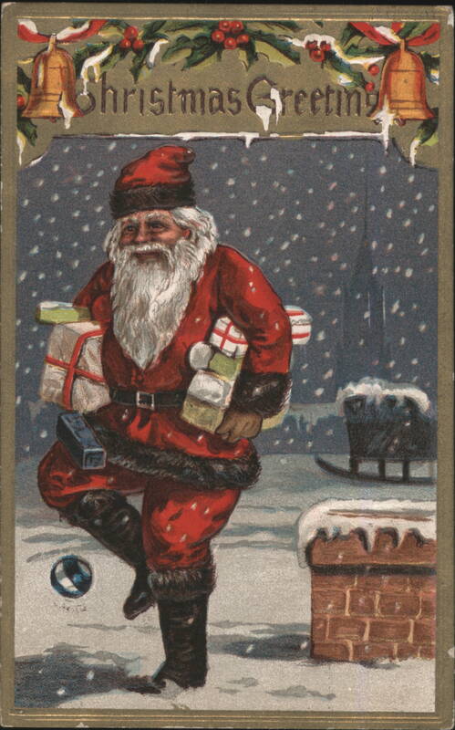 Santa Claus Delivering Gifts in Snowy Christmas Scene