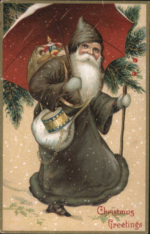 Santa Claus with Red Umbrella and Sack of Toys in Snow, Christmas Greetings