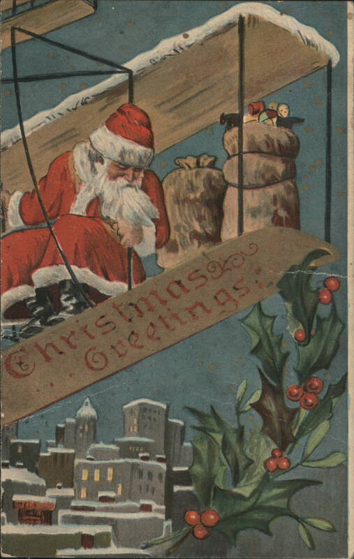 Santa Claus Flying Biplane with Christmas Greetings over City