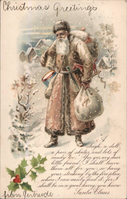 Christmas Greetings Santa Claus with Sack of Toys in Snowy Village