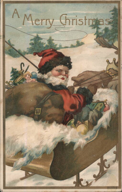 Santa Claus in Sleigh with Gifts and Child in Snowy Landscape
