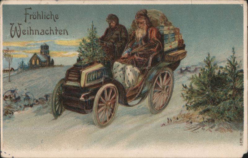 Fröhliche Weihnachten: Santa-like Figure in Horse-Drawn Sleigh with Gifts
