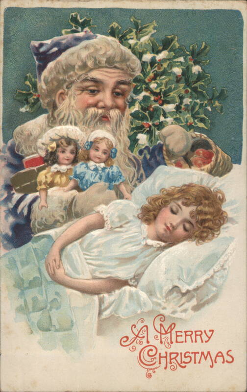 Santa Claus Watching Sleeping Child with Dolls, A Merry Christmas