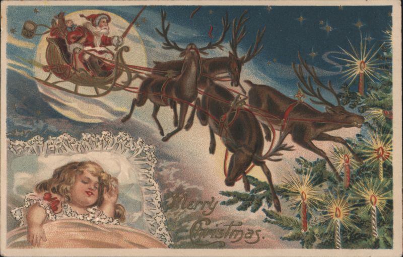 Santa Claus in Sleigh with Reindeer Flying Over Sleeping Child & Tree