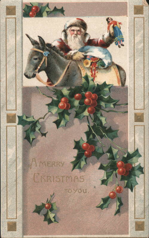 Santa Claus on Donkey with Toys, Holly & Berries