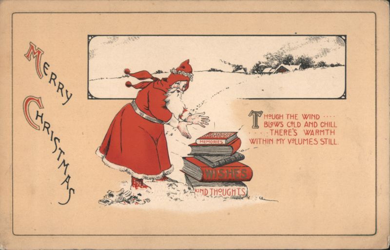 Santa Claus in Snow with Books, Merry Christmas Greeting