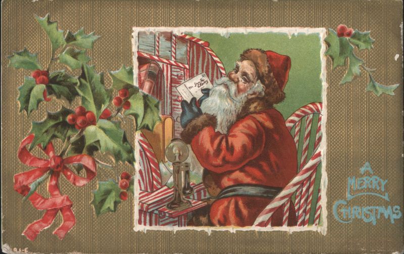 Santa Claus Reading Letter, Holly & Berries, Merry Christmas Oakland California