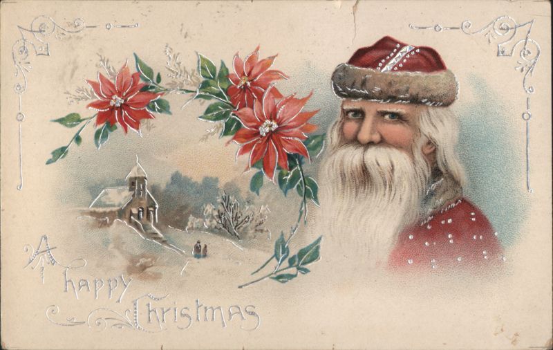 Santa Claus with Poinsettias & Snowy Church, 'A happy Christmas'