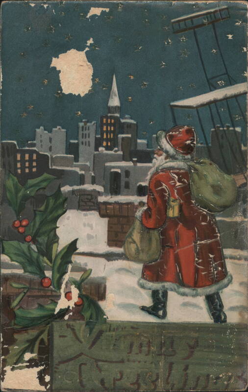 Santa Claus on Snowy Rooftop, City Skyline, Holly - Christmas Eve Scene