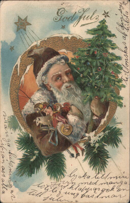 Santa Claus with Christmas Tree and Toys, God Jul