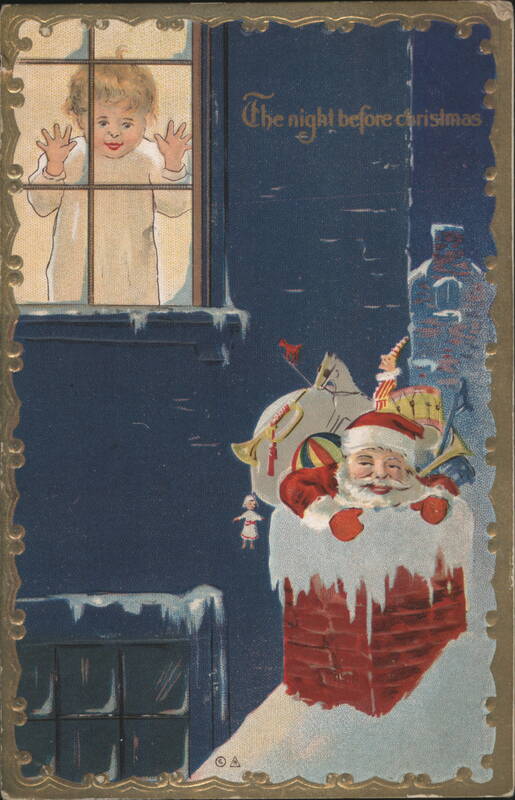 The Night Before Christmas Child at Window, Santa Claus in Chimney
