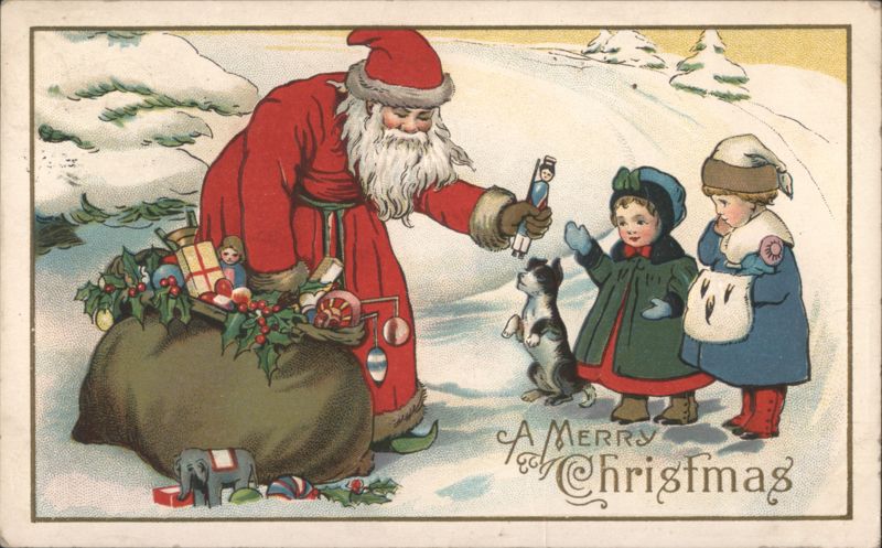 Santa Claus Giving Toys to Children with Dog, A Merry Christmas