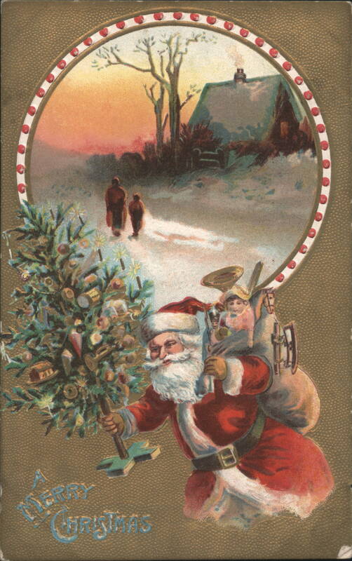 Santa Claus with Christmas Tree and Sack of Toys in Snowy Landscape