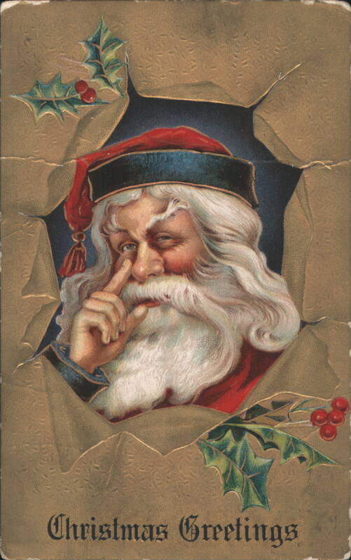 Santa Claus Winking, Finger to Lips, Christmas Greetings