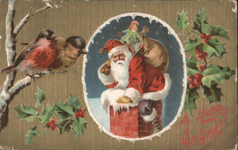 Santa Claus in Chimney with Child & Birds, A Merry Christmas