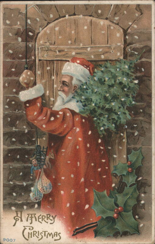 Santa Claus with Christmas Tree & Toys in Snow, A Merry Christmas