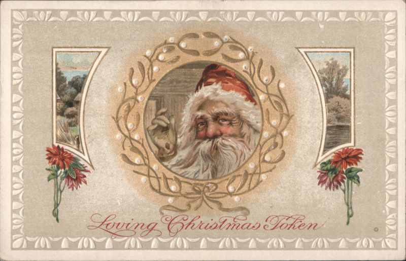 Santa Claus Loving Christmas Token with Poinsettias and Landscapes
