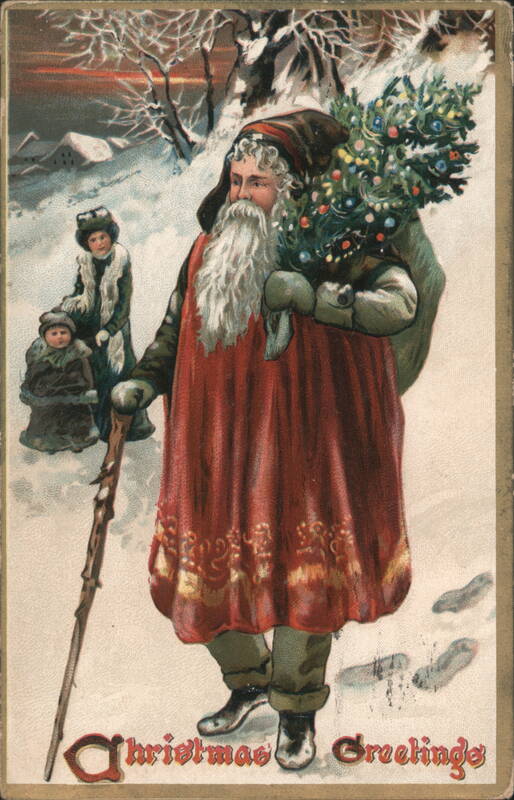 Santa Claus Carrying Christmas Tree with Children in Snowy Landscape