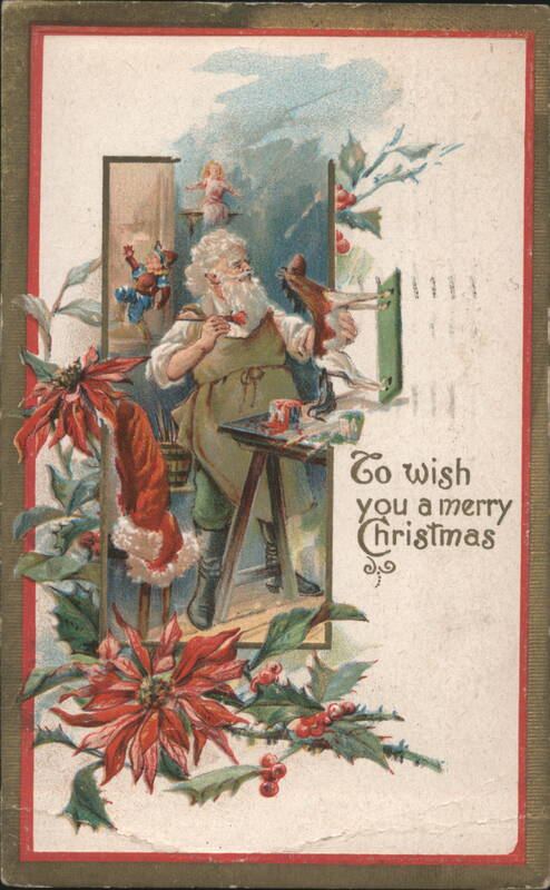 Santa Claus in Workshop Painting Bird with Toys, Poinsettias, Holly