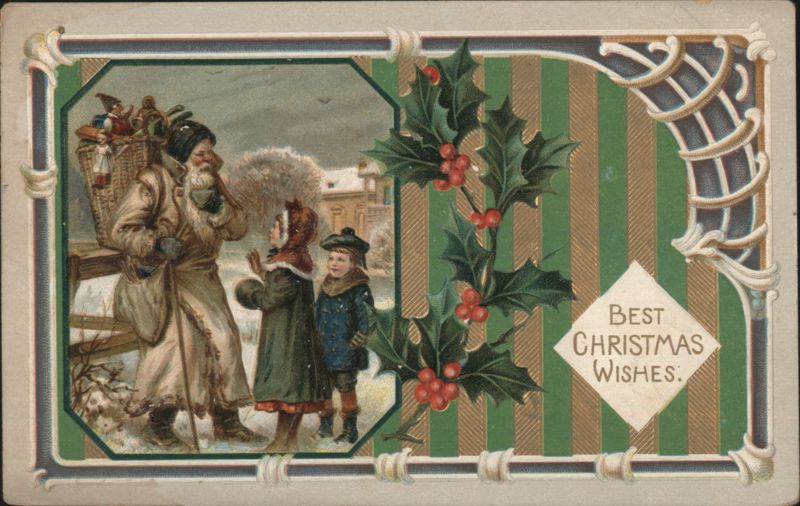 Santa Claus with Children in Snow, Holly & Best Christmas Wishes