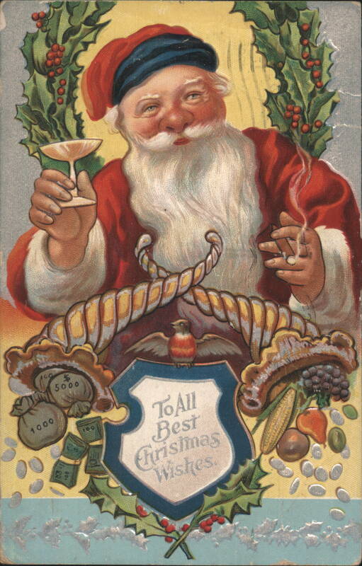 Santa Claus with Glass and Cigarette, To All Best Christmas Wishes