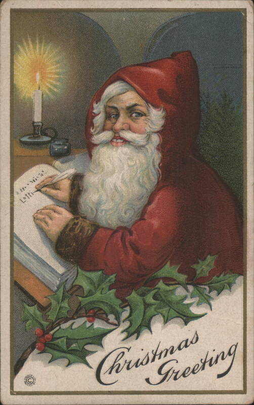 Santa Claus Writing Christmas List by Candlelight, Holly Border