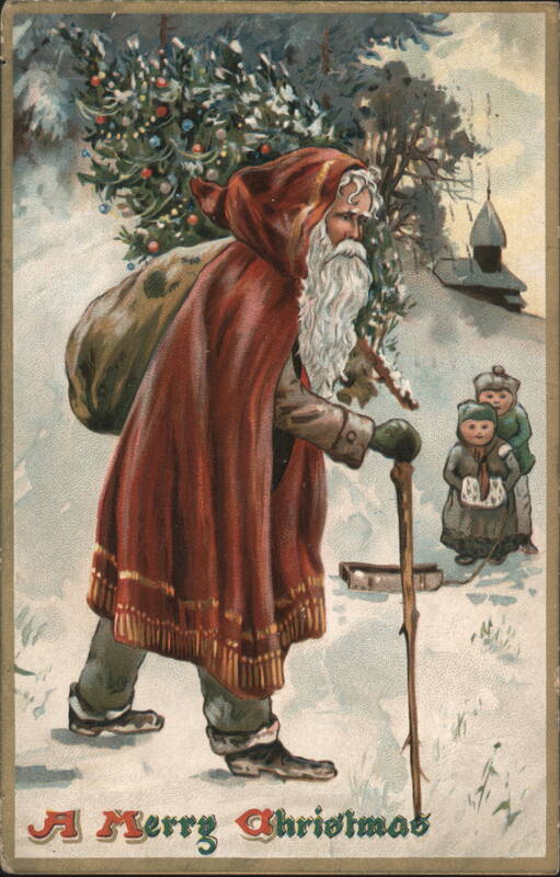 Santa Claus in Red Cloak with Sack and Staff, Children in Snow, Christmas Tree