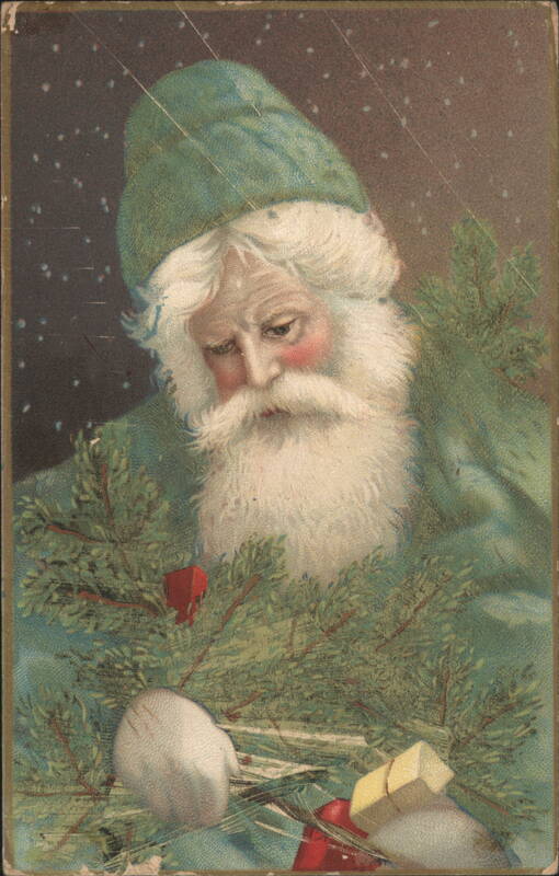 Santa Claus in Green with Evergreen Wreath and Falling Snow