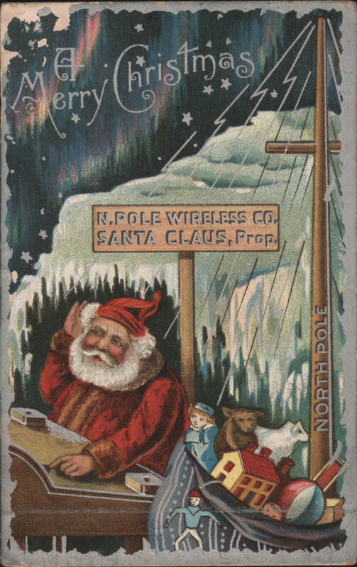 Santa Claus at North Pole Wireless Co. with Toys and Aurora