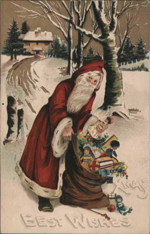 Santa Claus with Sack of Toys in Snowy Landscape, Best Wishes
