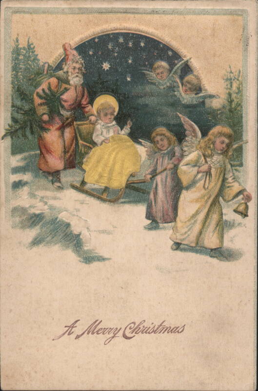 Santa Claus Pulling Child on Sled with Angels in Snowy Landscape