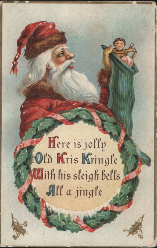 Old Kris Kringle with Child, Christmas Wreath & Sleigh Bells