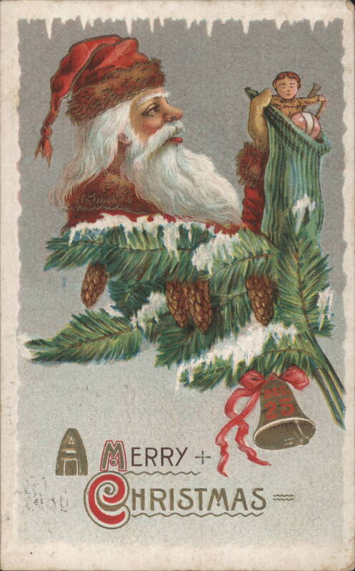 Santa Claus with Child in Stocking, Christmas Tree Branch