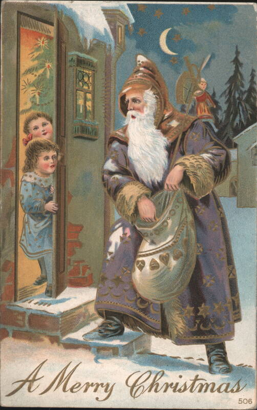 Santa Claus with Sack of Toys and Children at Doorway on Christmas Eve