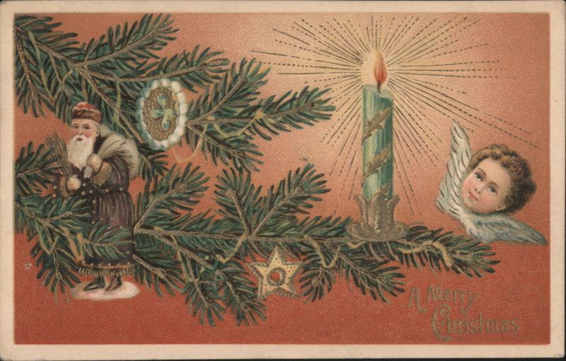 Santa Claus, Angel, Glowing Candle, Pine Branches - A Merry Christmas