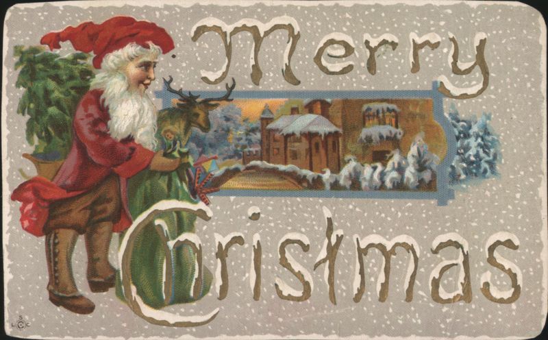 Merry Christmas with Santa Claus, Reindeer, and Snowy Village