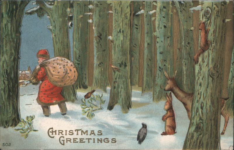 Christmas Greetings in Snowy Forest with Santa-like Figure, Deer, & Rabbits