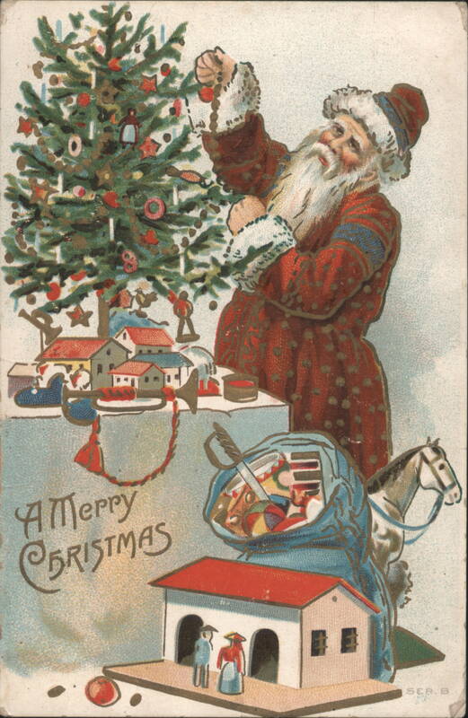 Santa Claus Decorating Christmas Tree, Toys, and Village Scene