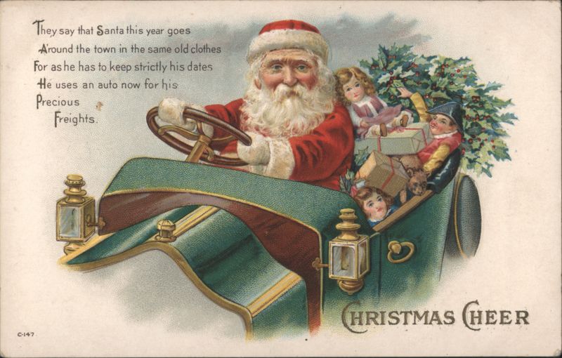 Santa Claus Driving Early Automobile with Children & Gifts