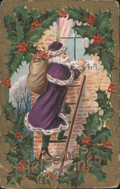Santa Claus Climbing Ladder to Window with Toys, Christmas Greetings