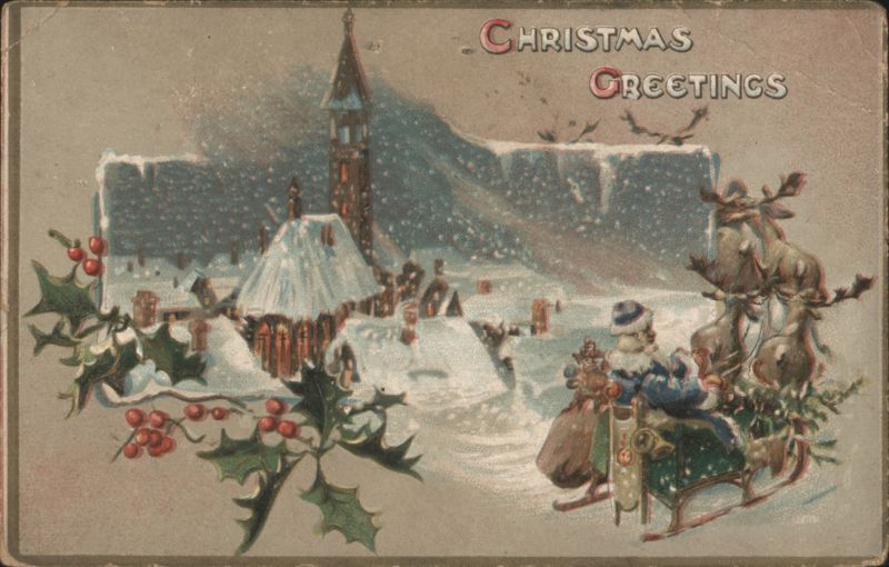 Santa Claus in Sleigh Flying Over Snowy Village, Christmas Greetings