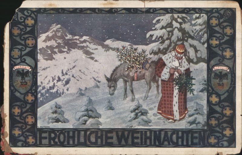 Frohliche Weihnachten, Man in Robe, Donkey with Christmas Trees, Snowy Scene Austria