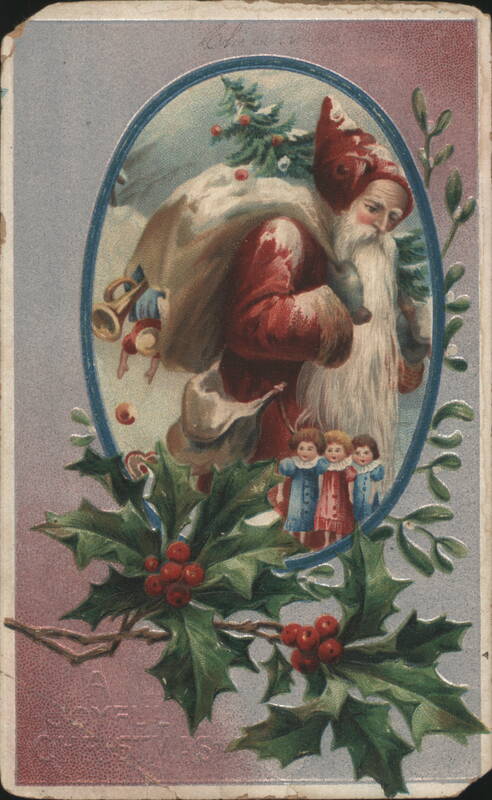 Santa Claus with Sack of Toys and Children, Holly Border