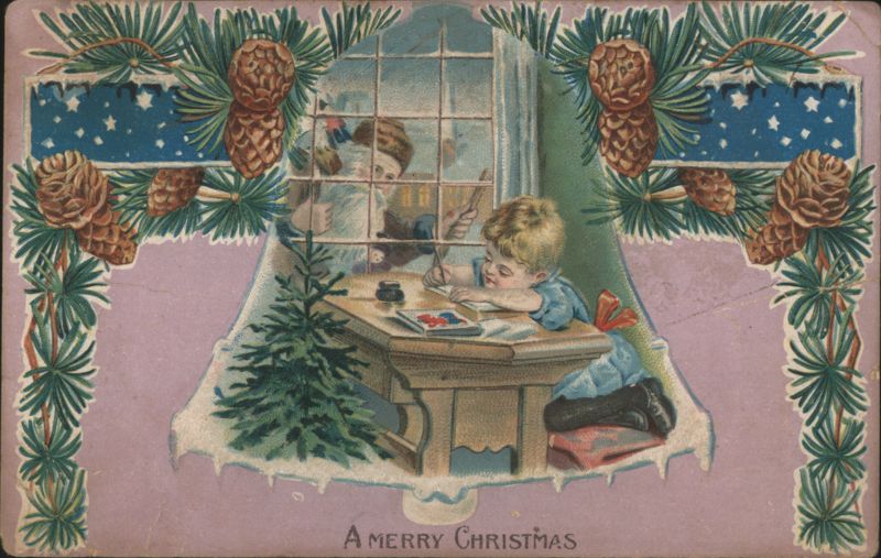 Children Drawing, Christmas Tree & Pine Boughs, A Merry Christmas